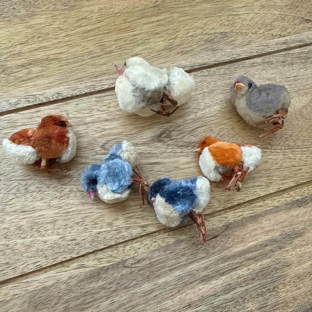 6 Vintage Antique Easter Spun Cotton Chenille Chicks Made in Japan Missing Eyes